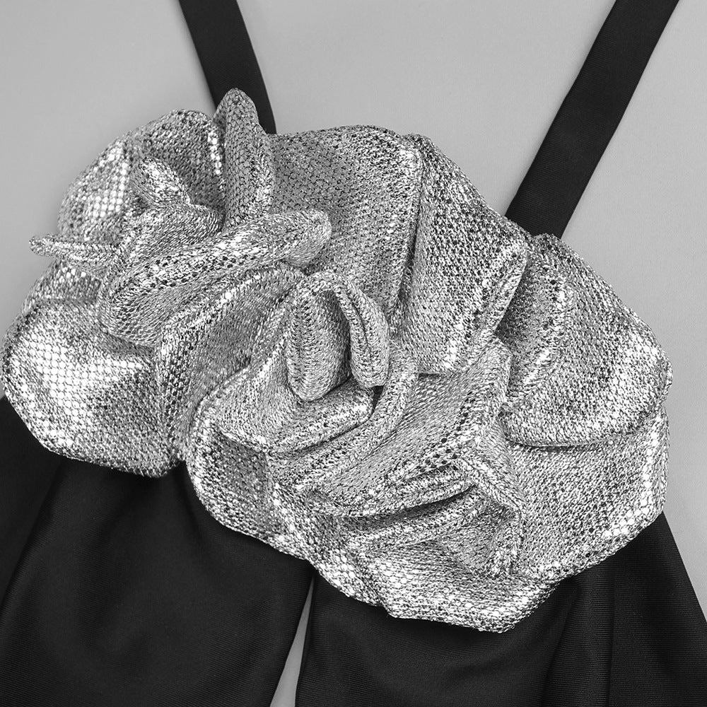 Black Flower Sequin Halter Neck Maxi Dress with Gloves