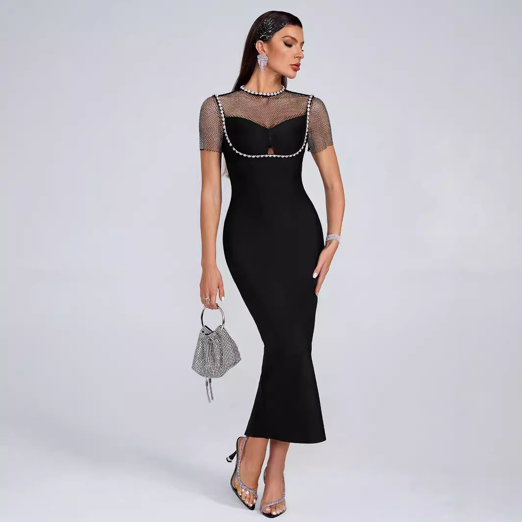 Elegant Diamond Mesh Maxi Dress