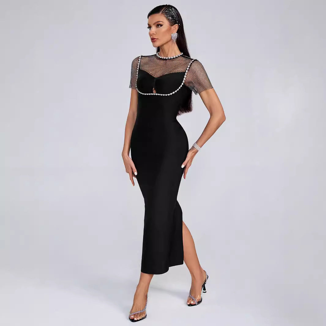 Elegant Diamond Mesh Maxi Dress