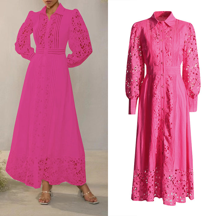 MARGOT Retro French Dress Lapel Hollow Embroidered Lace Long Dress
