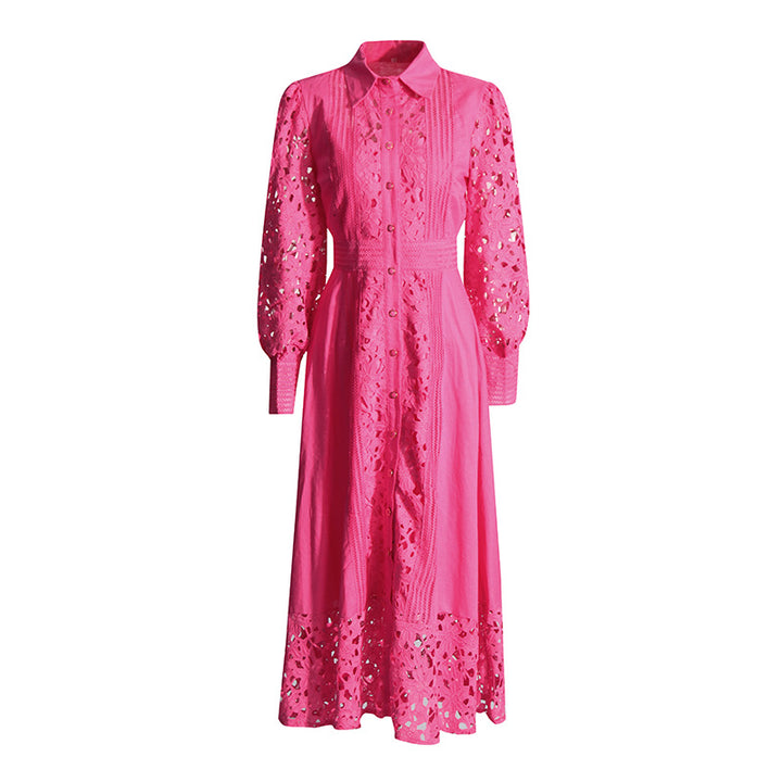 MARGOT Retro French Dress Lapel Hollow Embroidered Lace Long Dress
