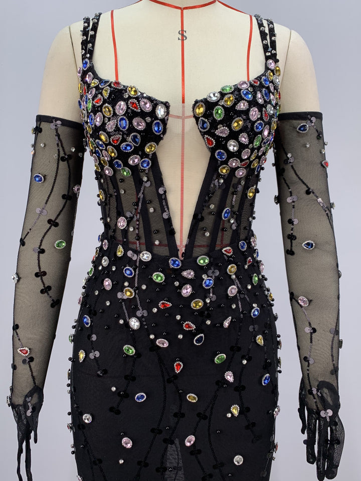 Elegant Mesh Diamond-encrusted Suspender Maxi Dress