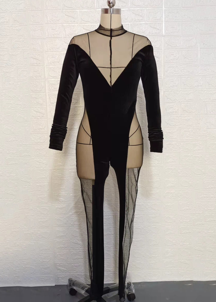 Elegant Velvet Gauze Splicing Jumpsuit