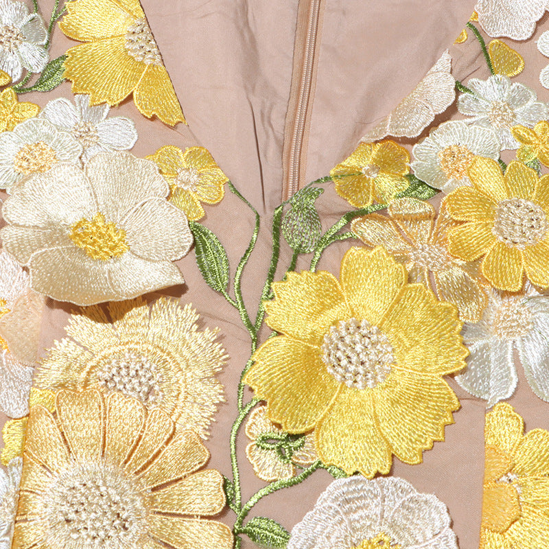 Elegant Embroidered Flower Bubble Sleeve Dress