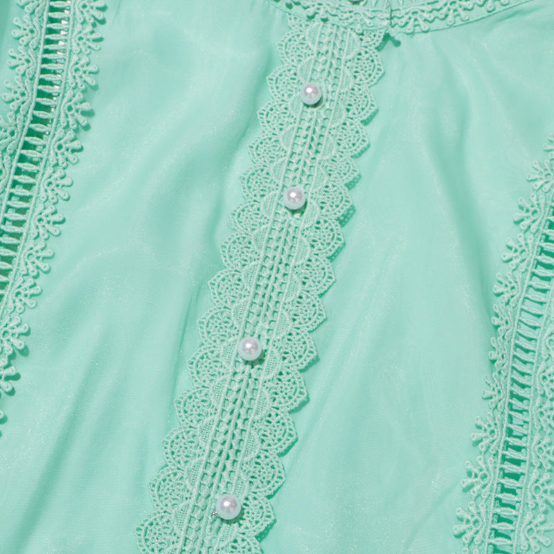 EMMA Lantern Sleeve Water-soluble Embroidery Strap Waist Long Skirt