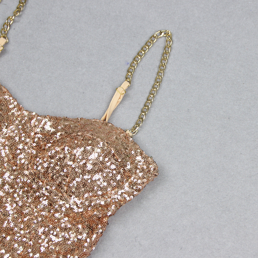 Fashion Sequined Suspender Midi Dress