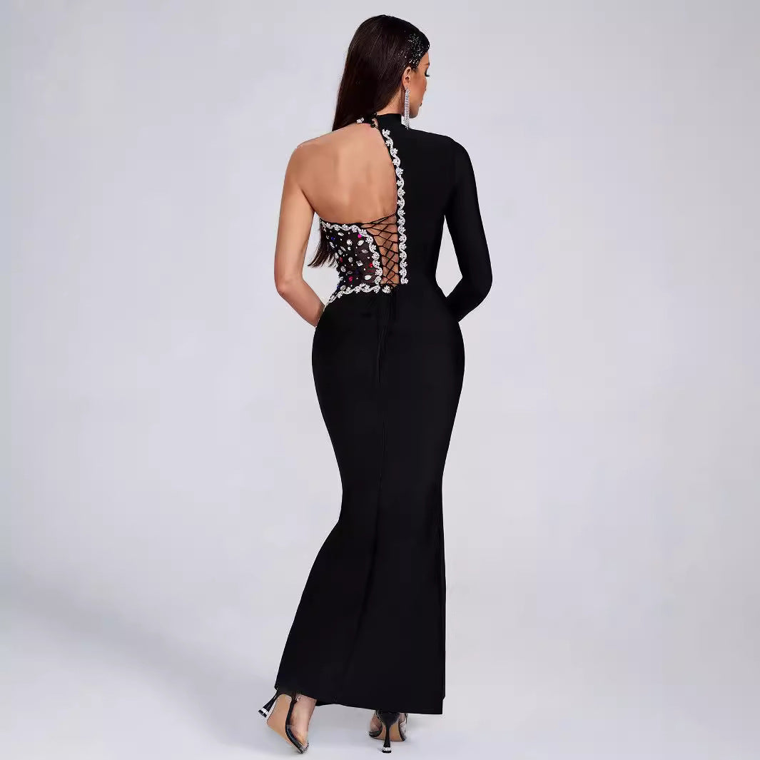 Fashion Shoulder Diamond Maxi Dress