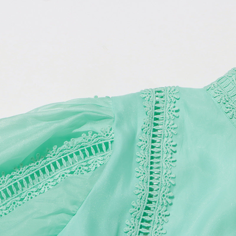 EMMA Lantern Sleeve Water-soluble Embroidery Strap Waist Long Skirt