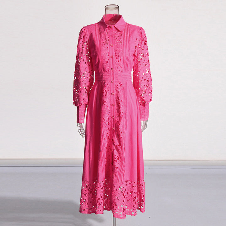 MARGOT Retro French Dress Lapel Hollow Embroidered Lace Long Dress