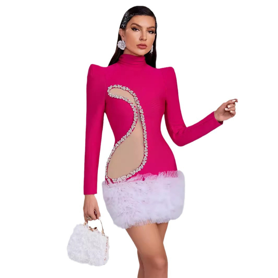 Fashion Long Sleeve Mesh Diamond Mini Dress