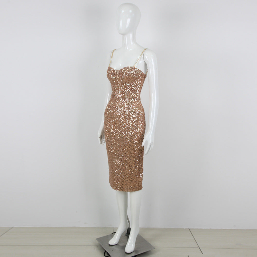 Fashion Sequined Suspender Midi Dress