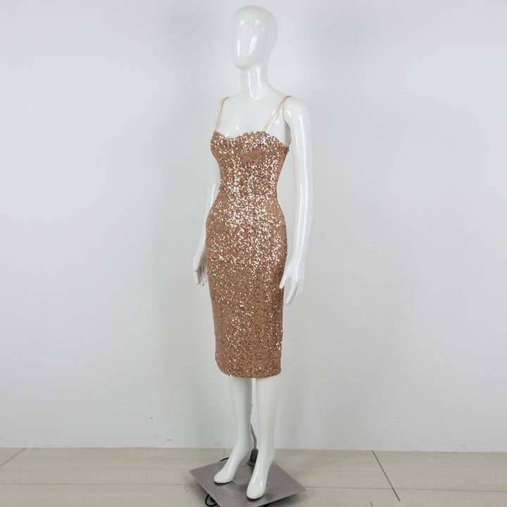Fashion Sequined Suspender Midi Dress