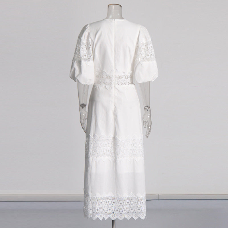 MARGOT Autumn Round Neck Lantern Sleeve Hollow Waist Skirt for Women