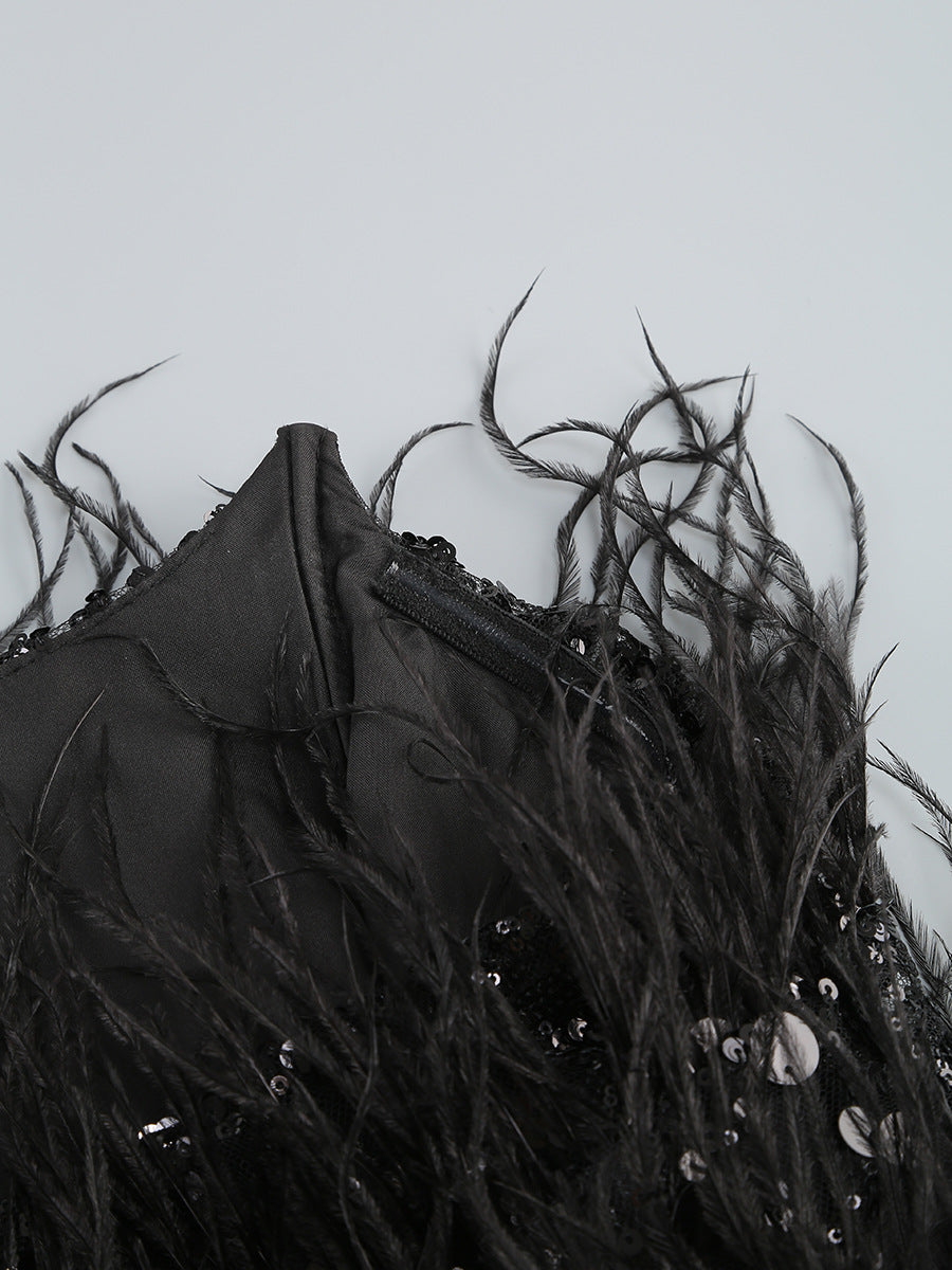 Elegant Tube Top Beaded Feather Two-piece Set