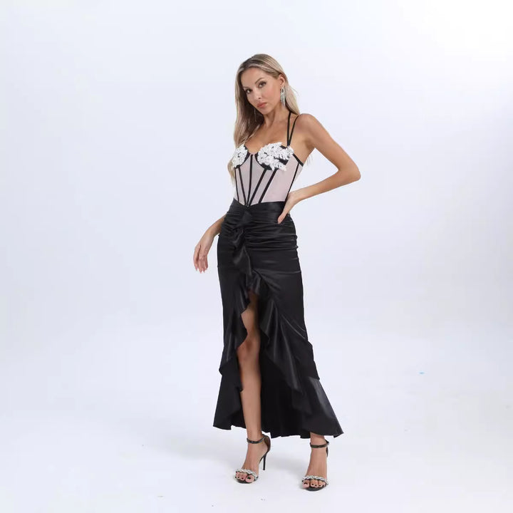 Vintage Suspender Leaf Splicing Maxi Dress