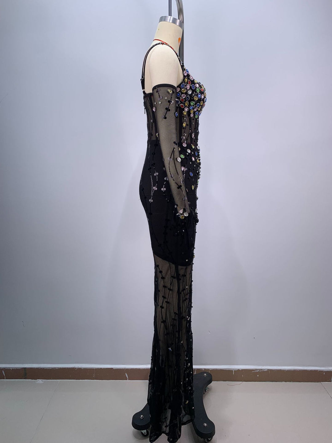 Elegant Mesh Diamond-encrusted Suspender Maxi Dress