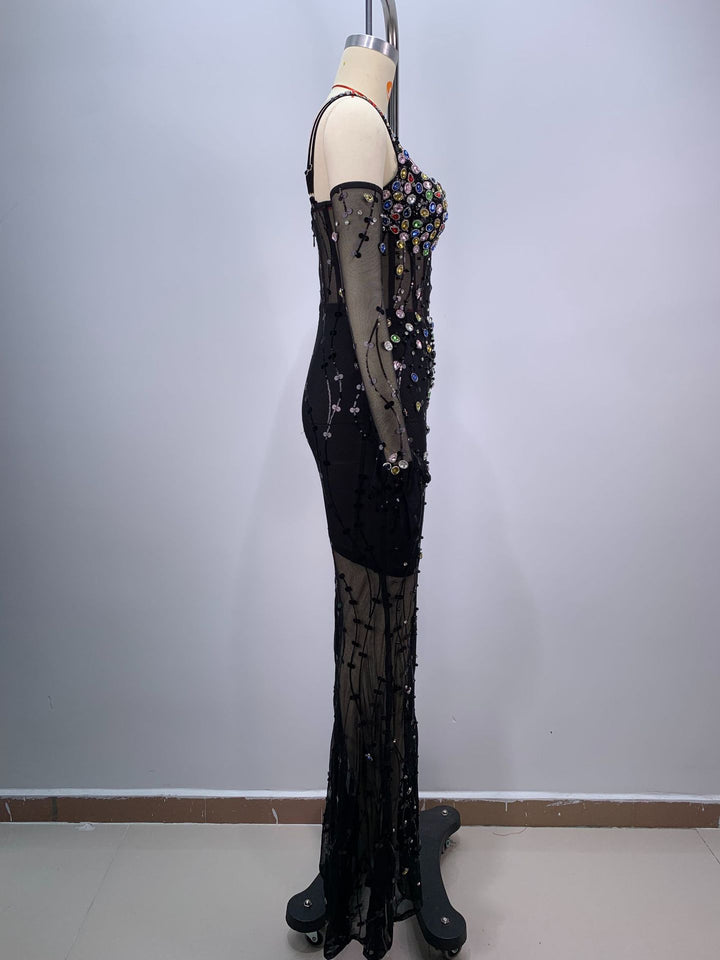 Elegant Mesh Diamond-encrusted Suspender Maxi Dress
