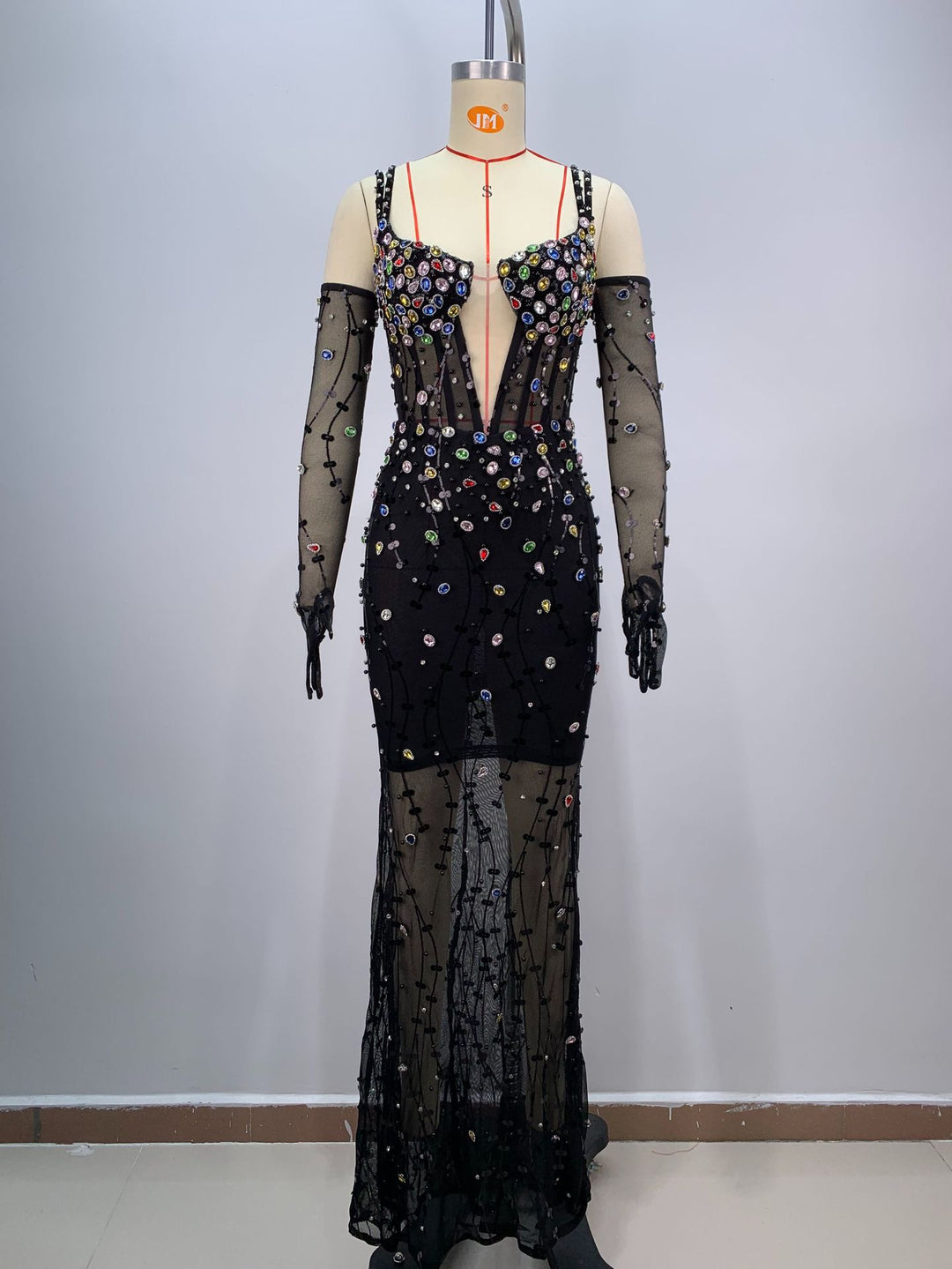 Elegant Mesh Diamond-encrusted Suspender Maxi Dress