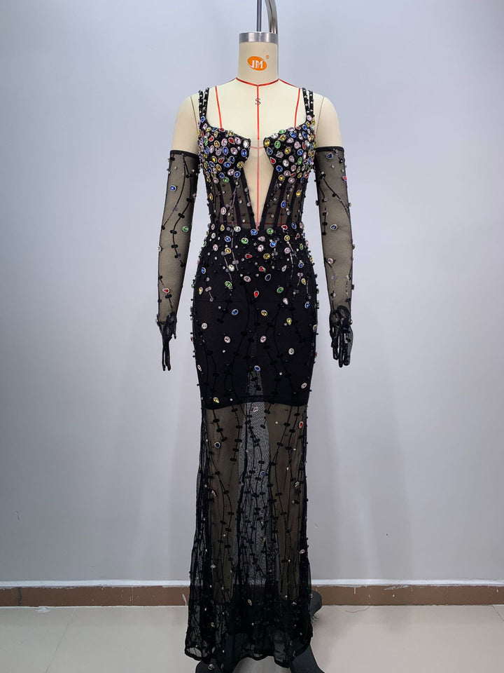 Elegant Mesh Diamond-encrusted Suspender Maxi Dress