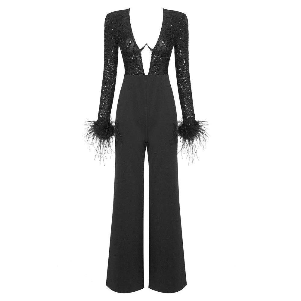 Simple Stitched Sequined Feather Jumpsuit