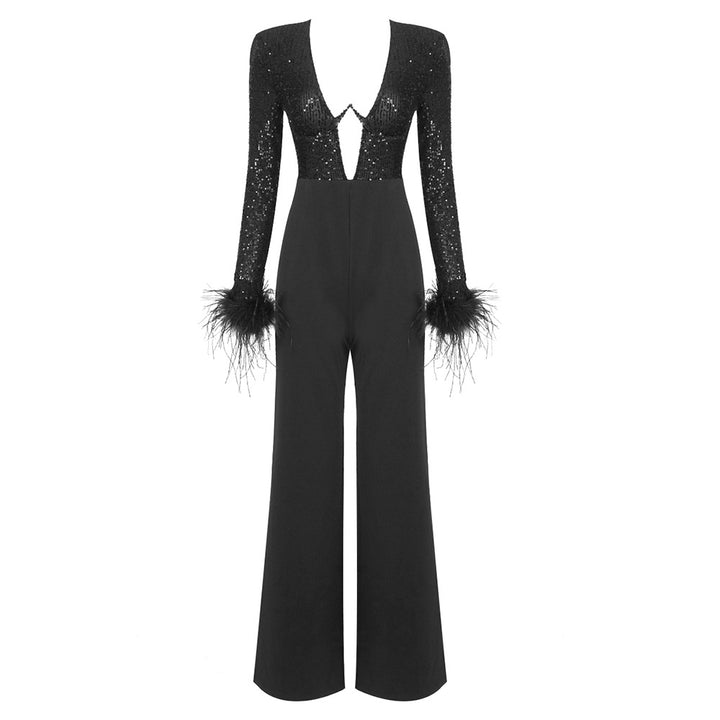 Simple Stitched Sequined Feather Jumpsuit