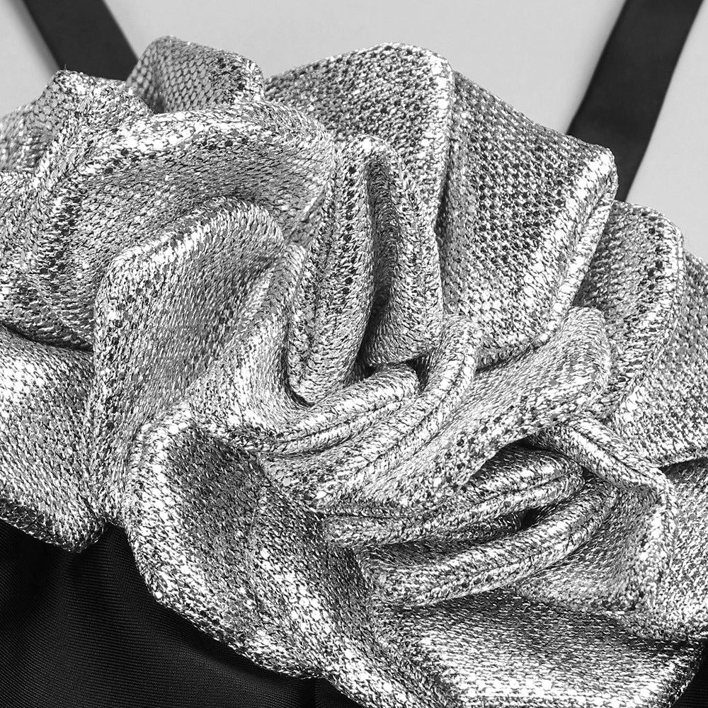 Black Flower Sequin Halter Neck Maxi Dress with Gloves