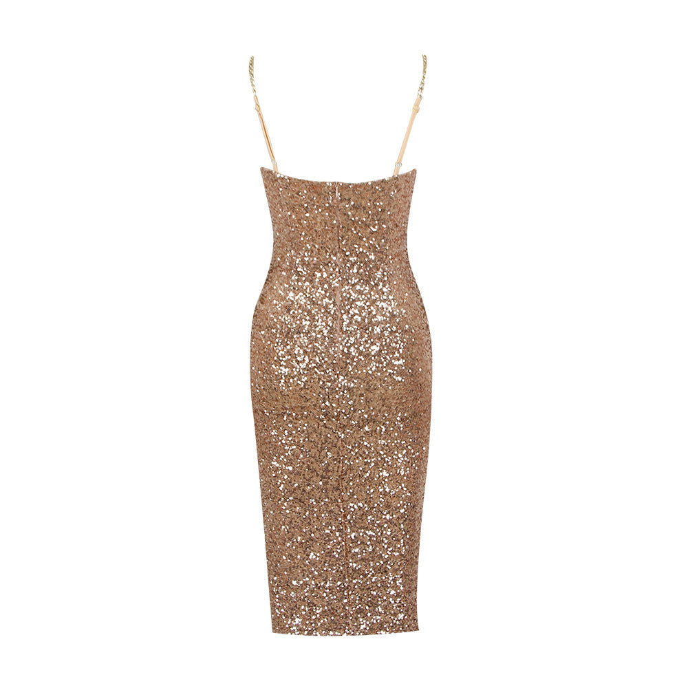 Fashion Sequined Suspender Midi Dress