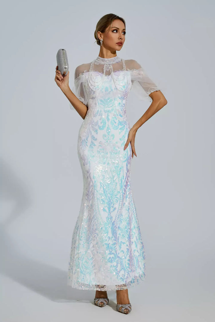 Robin White Mesh Maxi Sequin Dress