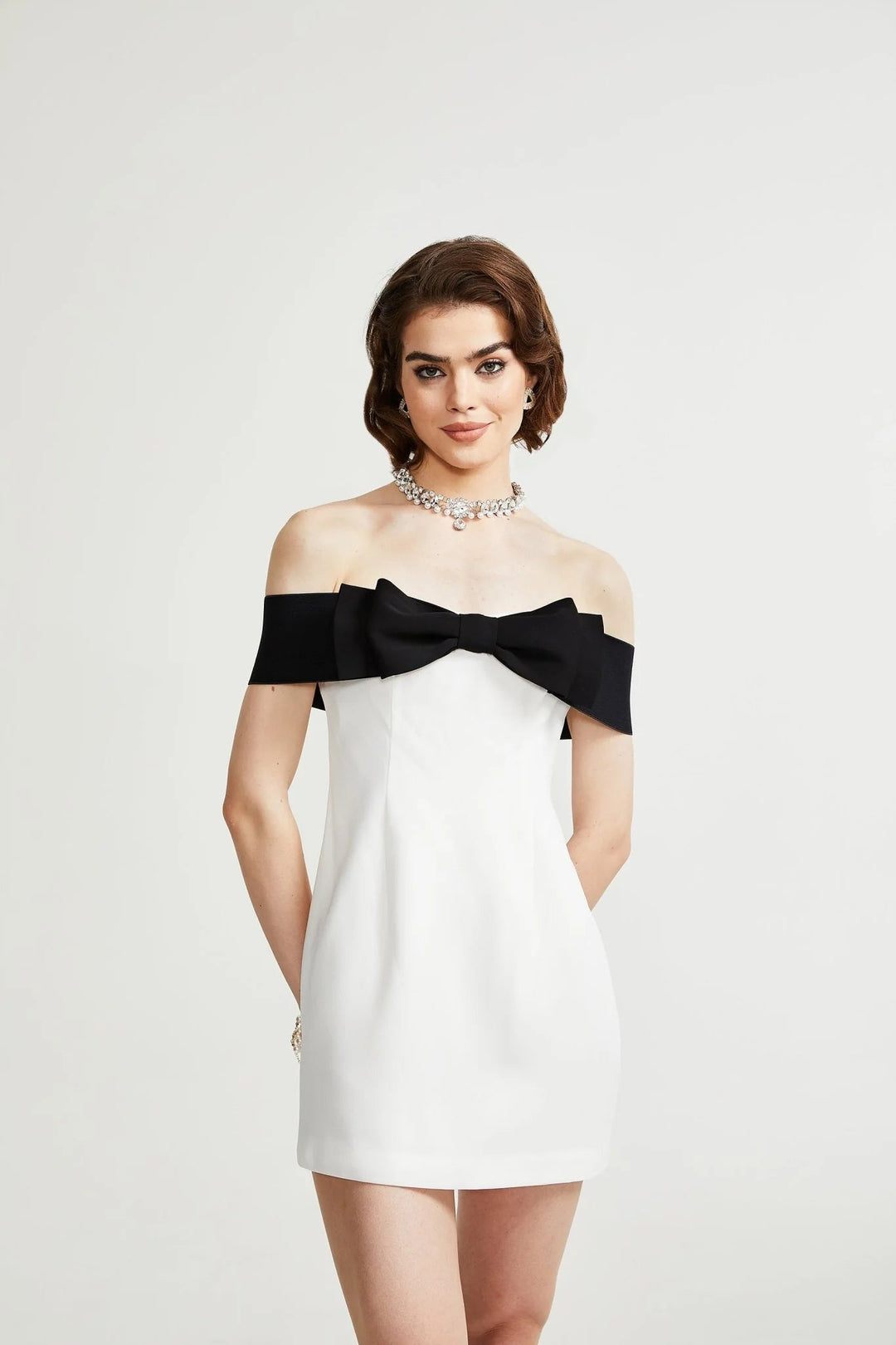 White Bow Knot Off Shoulder Mini Dress
