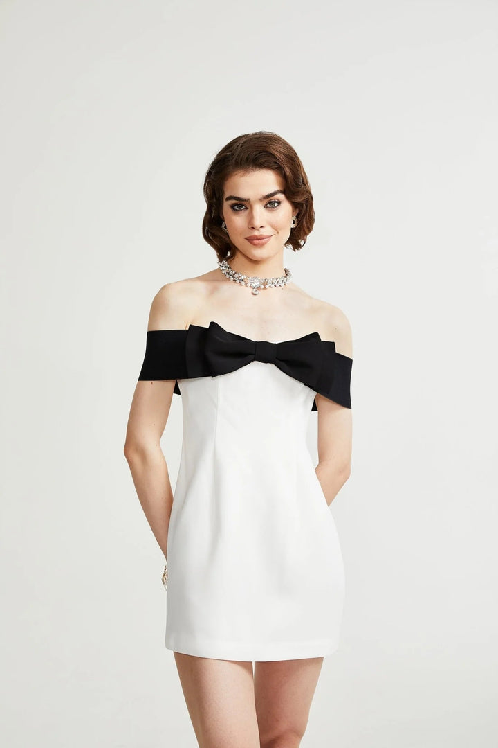 White Bow Knot Off Shoulder Mini Dress