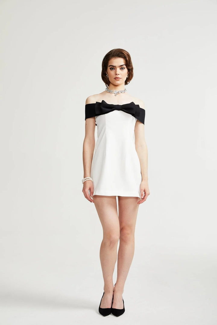 White Bow Knot Off Shoulder Mini Dress