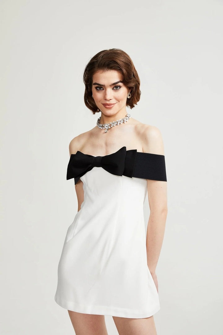 White Bow Knot Off Shoulder Mini Dress