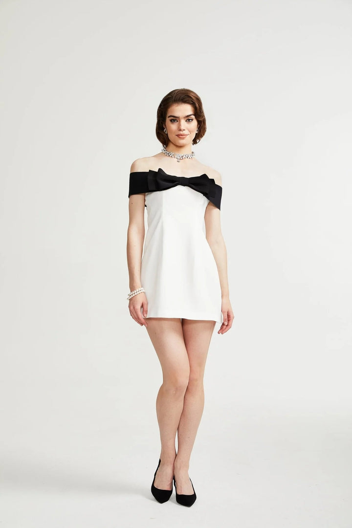 White Bow Knot Off Shoulder Mini Dress