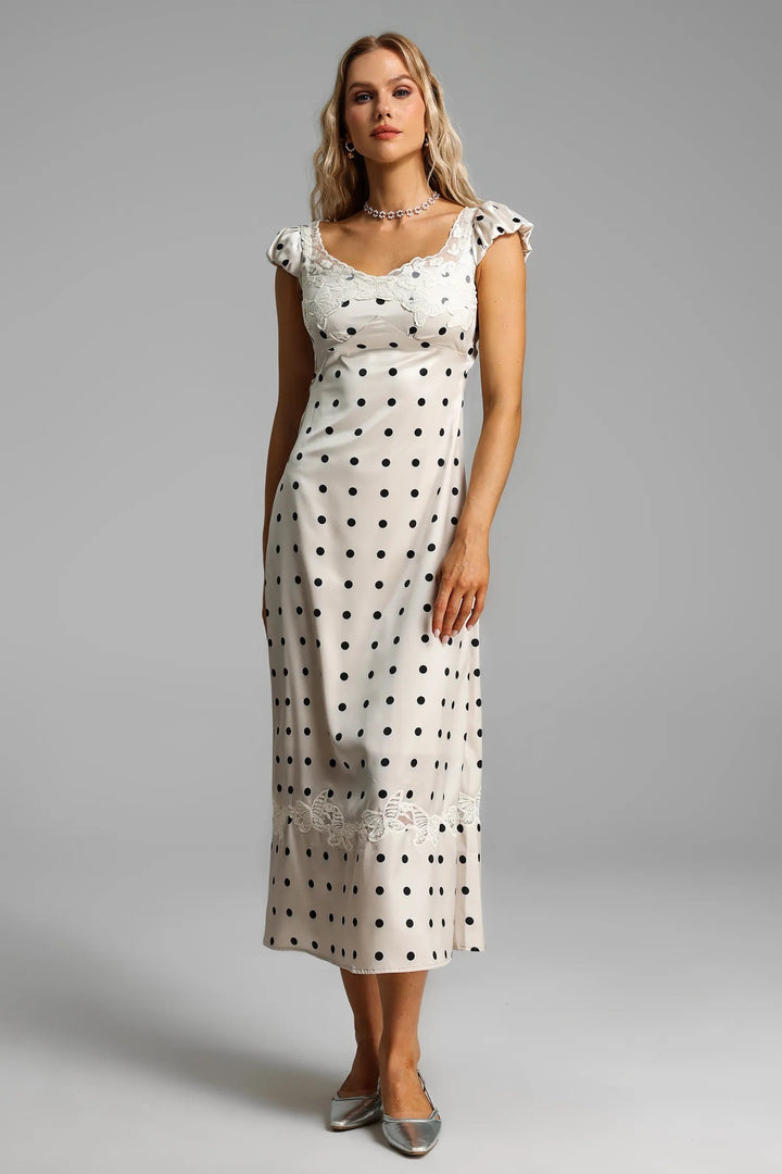 Satin Polka Dot Lace Midi Dress