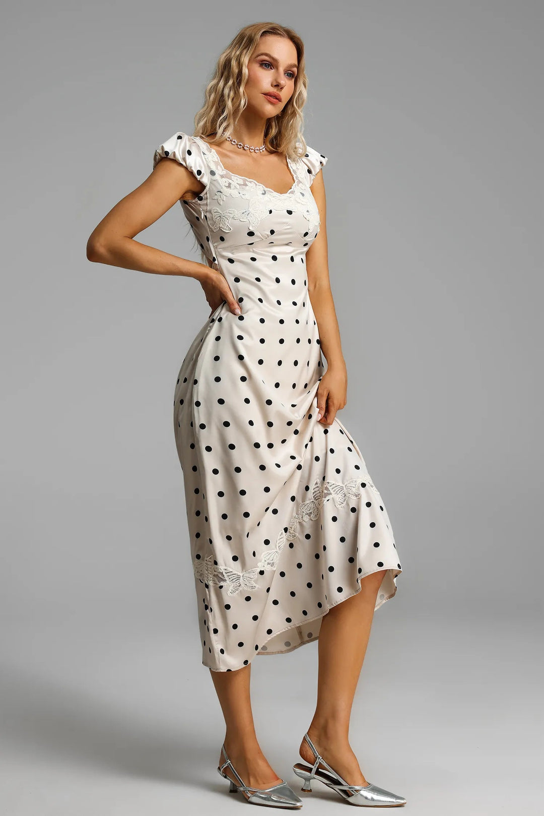 Satin Polka Dot Lace Midi Dress