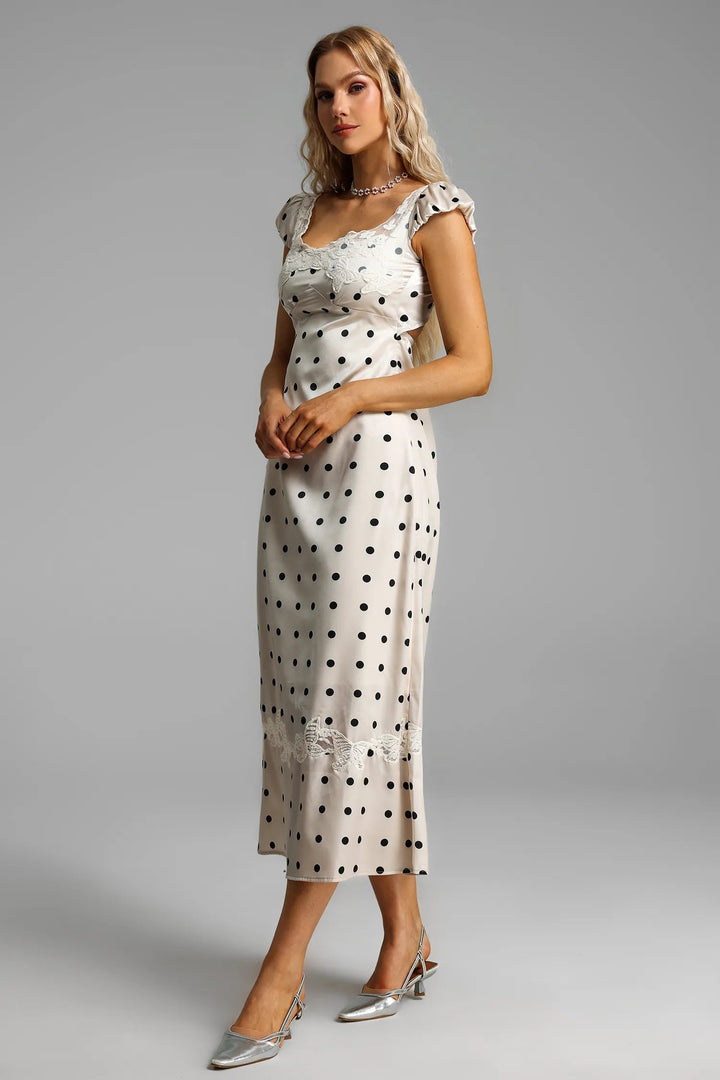 Satin Polka Dot Lace Midi Dress