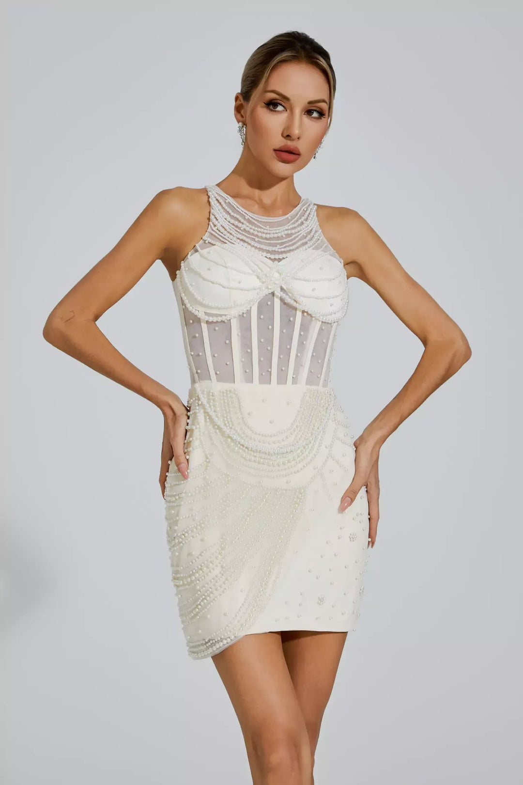 White Beaded Tunic Mini Dress