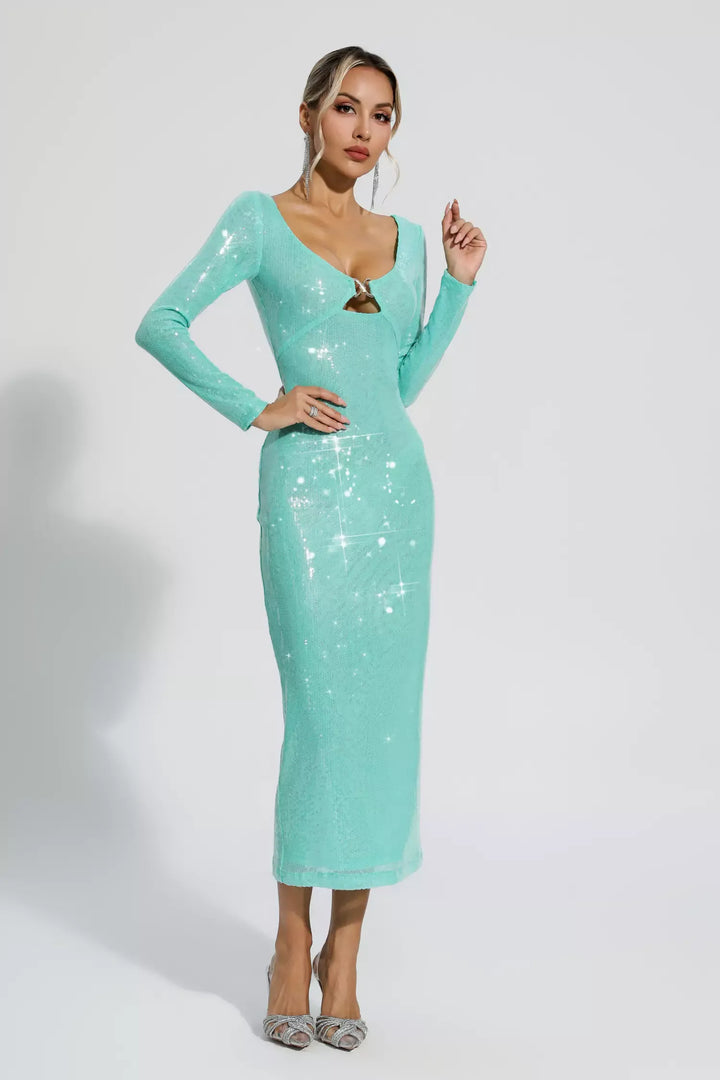 Winnie Green Long Sleeve Sequin Midi Dress