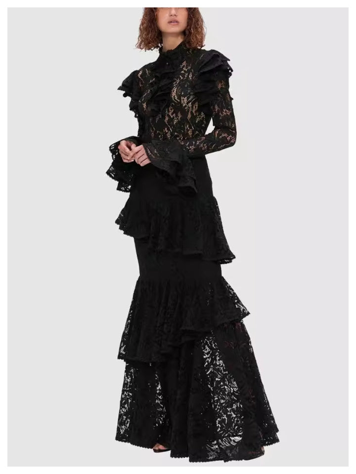 Rachel Black Stand Collar Waist Lace Dress
