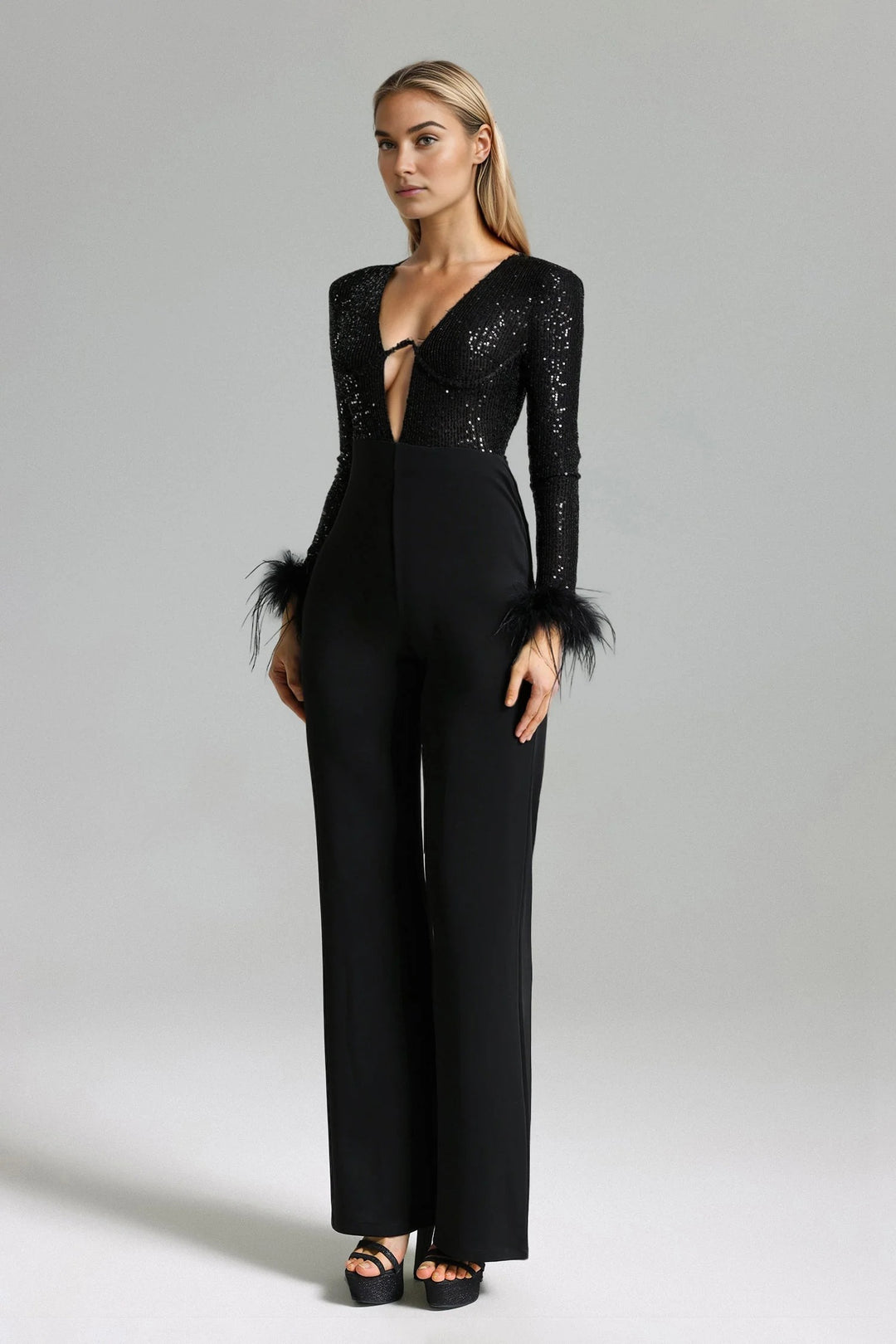 Simple Stitched Sequined Feather Jumpsuit