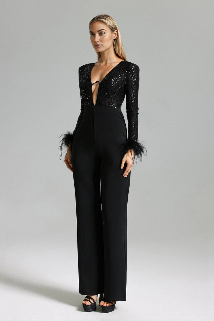 Simple Stitched Sequined Feather Jumpsuit