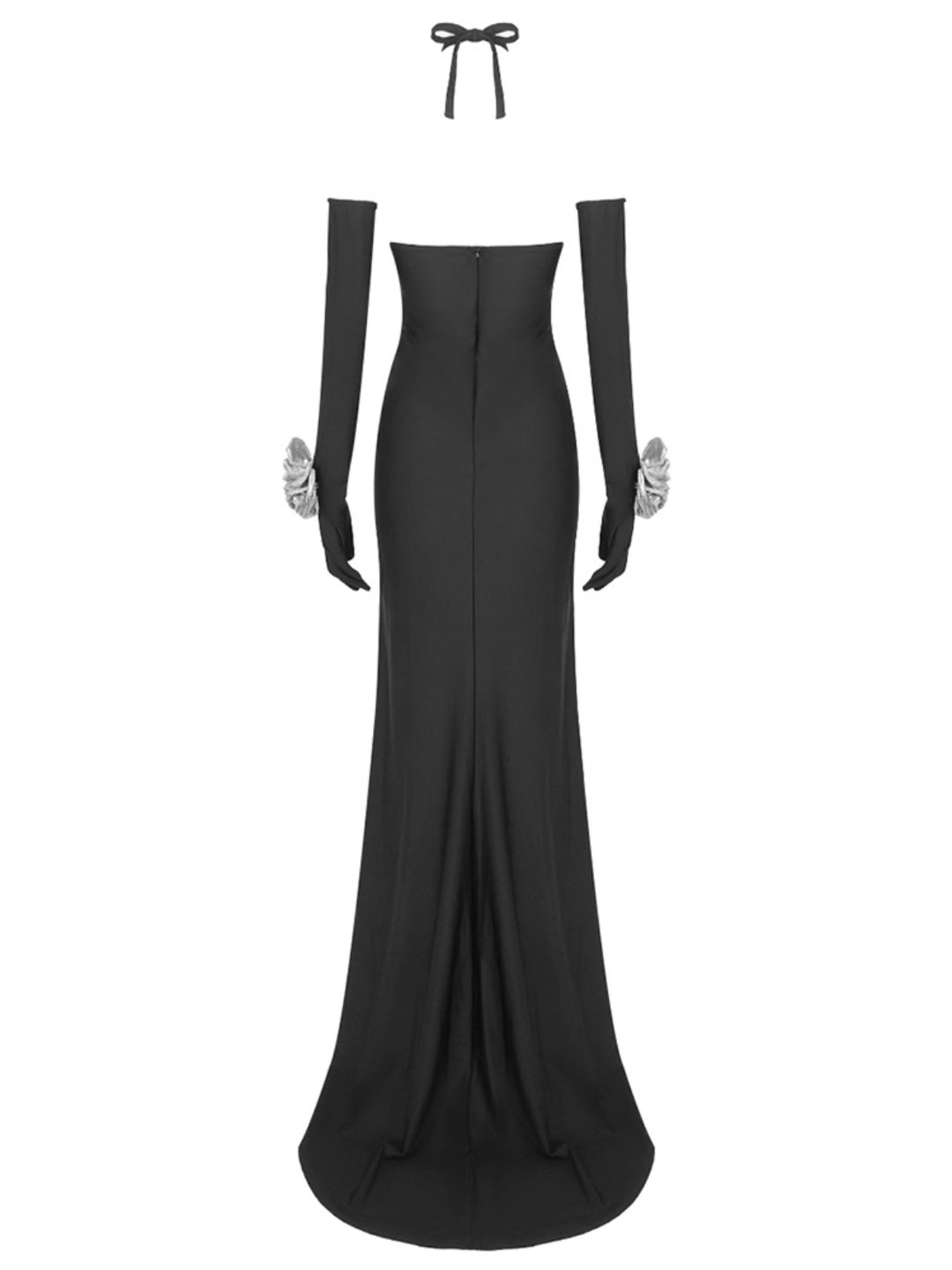 Black Flower Sequin Halter Neck Maxi Dress with Gloves