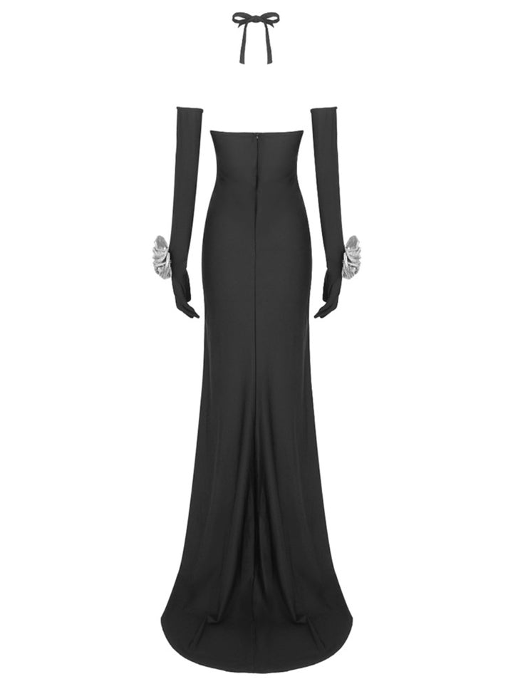 Black Flower Sequin Halter Neck Maxi Dress with Gloves