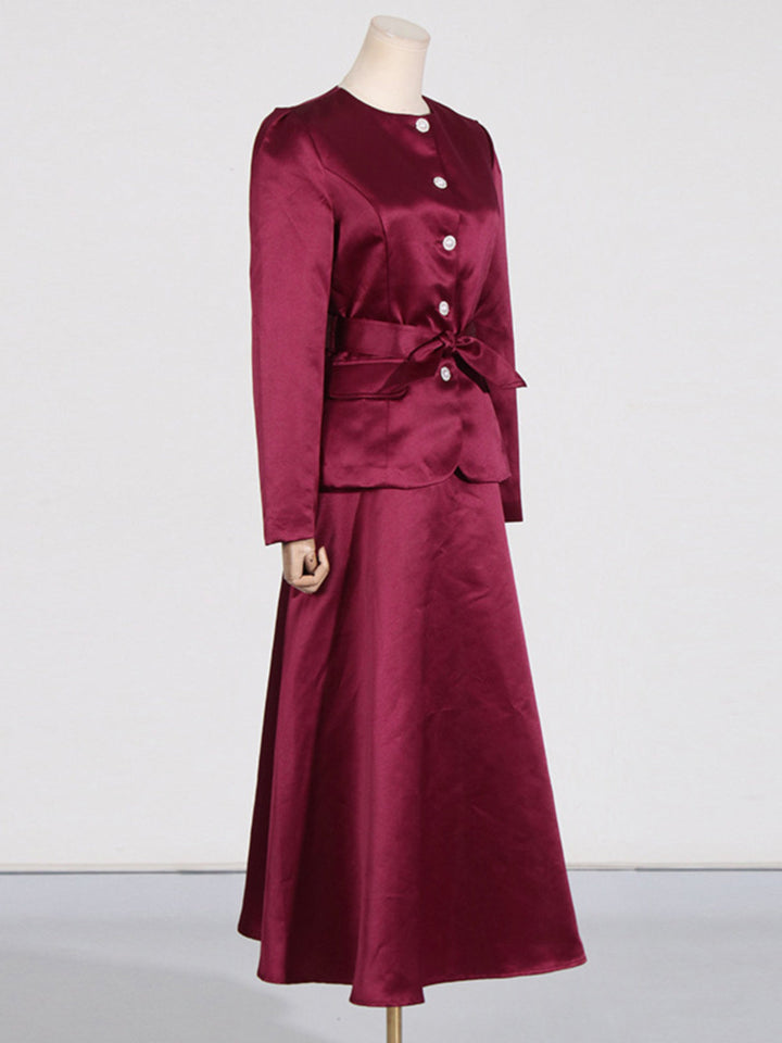 Solid Color Waist Maxi Dress Two-piece Set