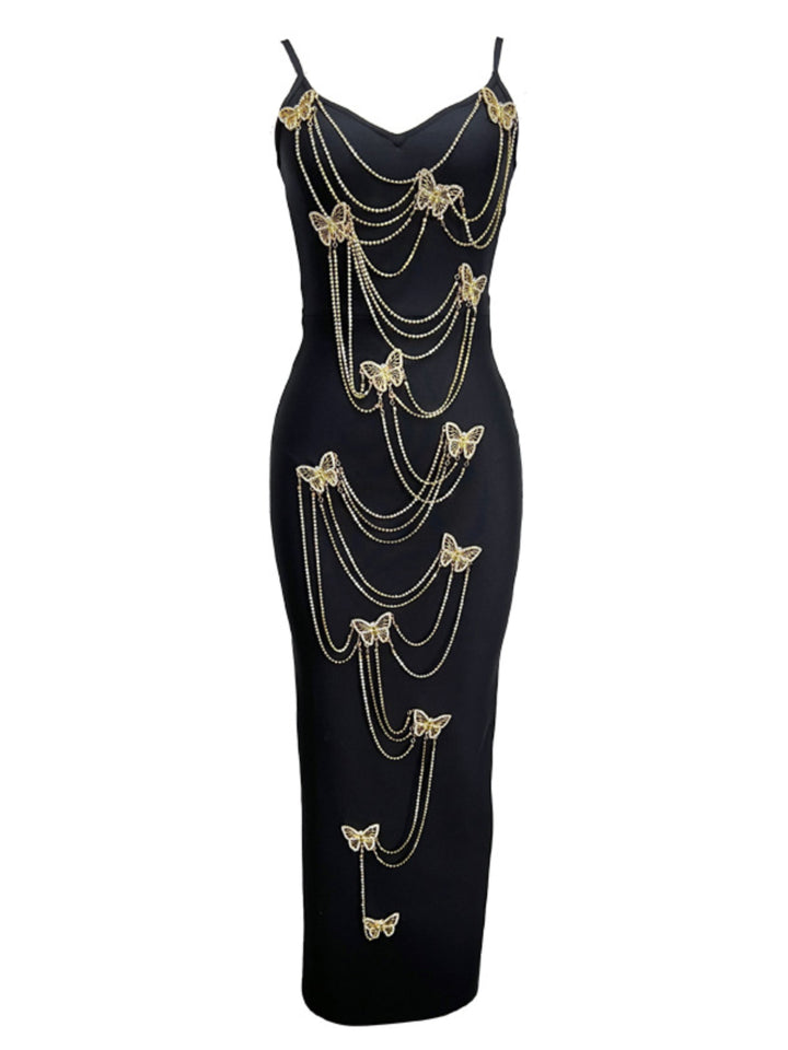 Butterfly Drill Chain Bandage Maxi Dress