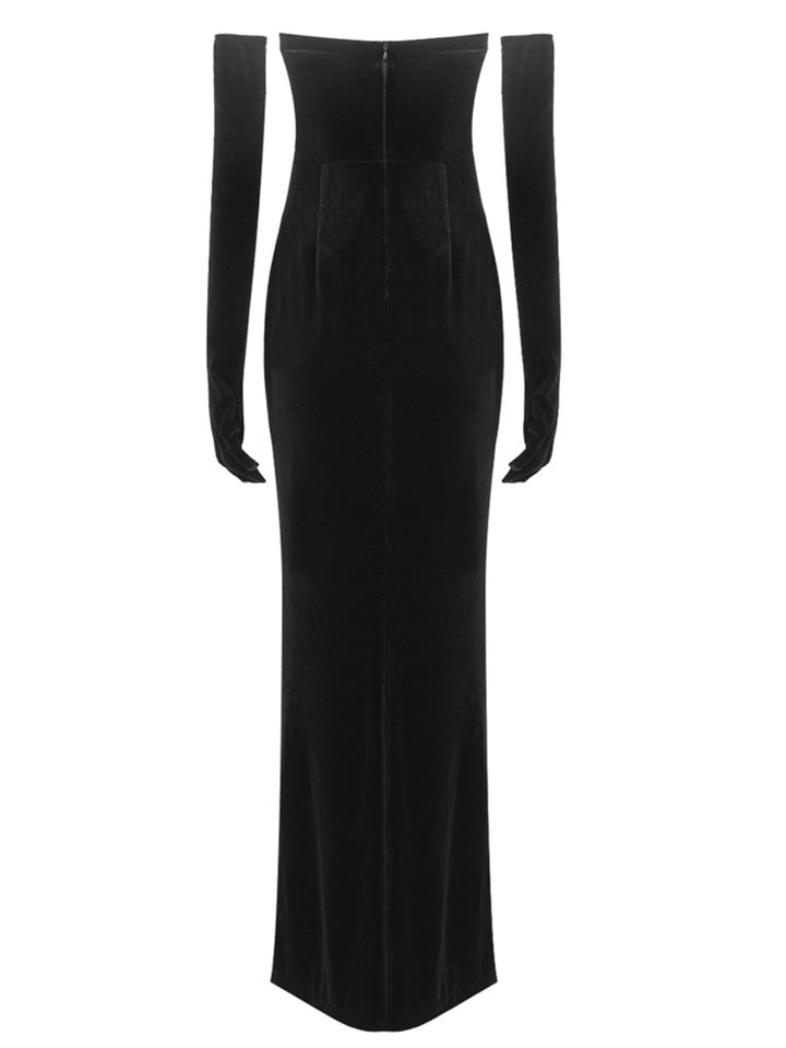 Hot Diamond Tube Top Black Maxi Dress with Gloves