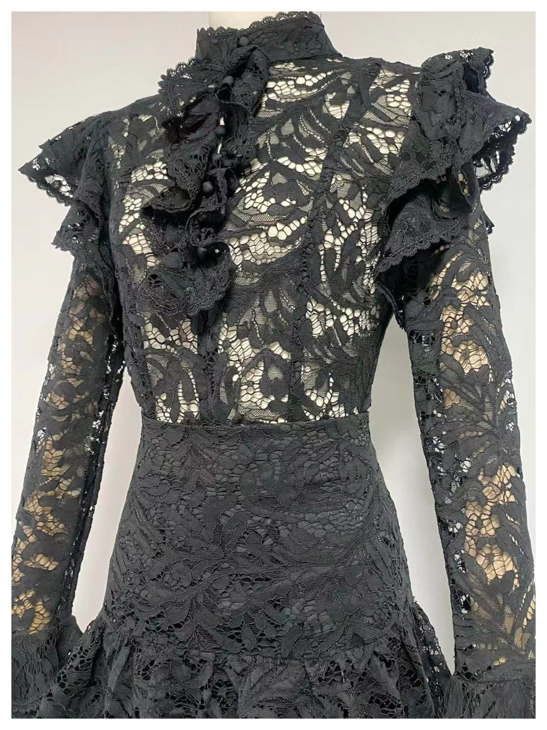 Rachel Black Stand Collar Waist Lace Dress
