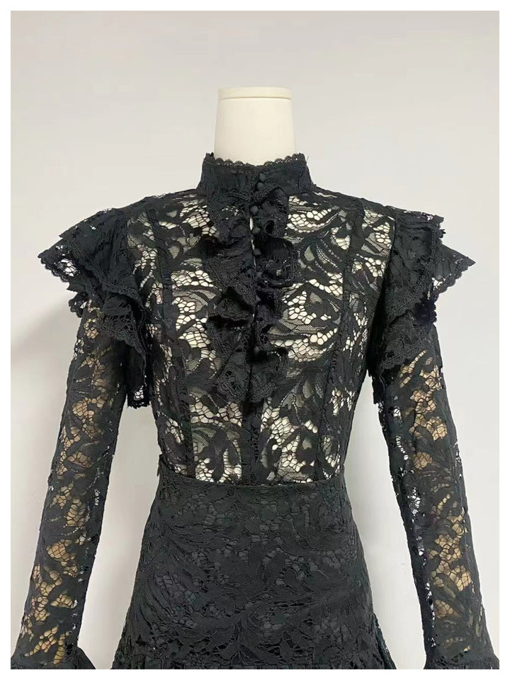 Rachel Black Stand Collar Waist Lace Dress