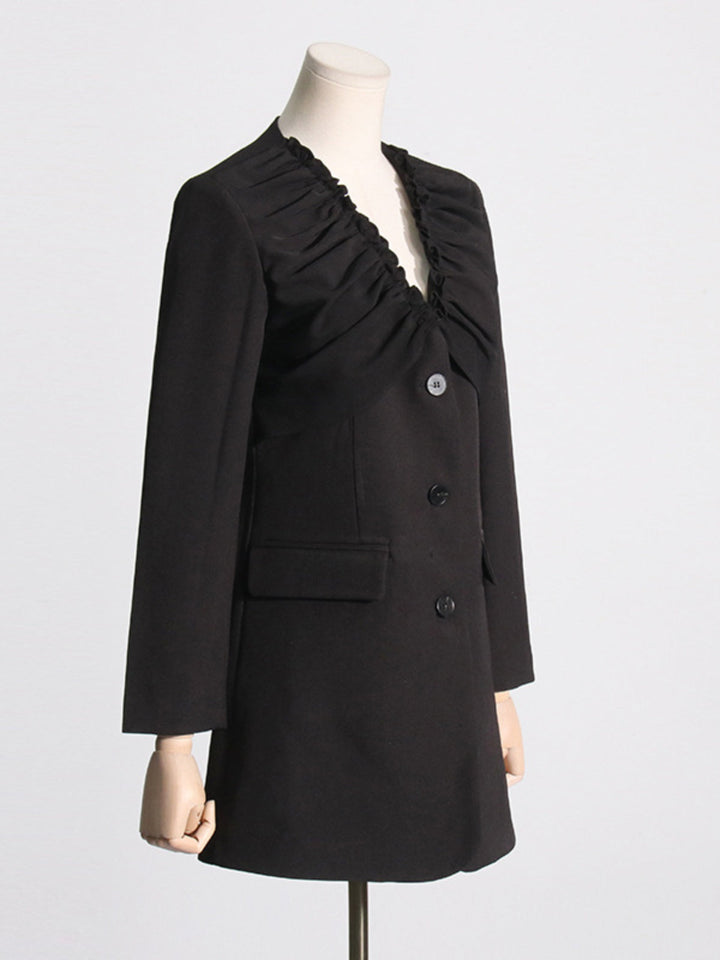 Pleated V-neck Long-sleeved Coat