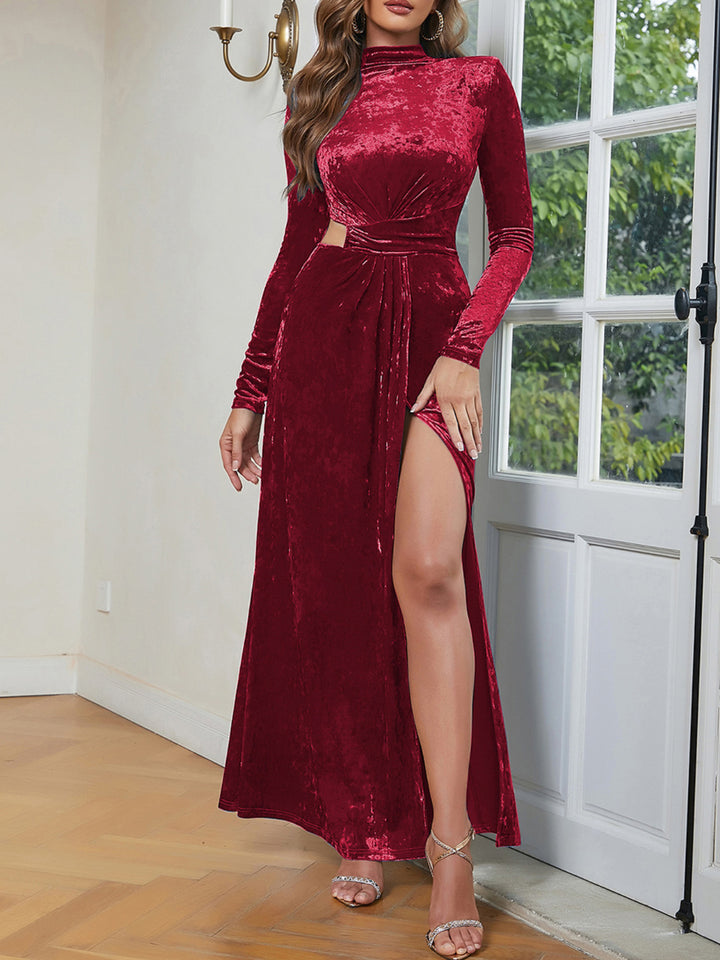 Simple Solid Color Long-sleeved Hollow Maxi Dress